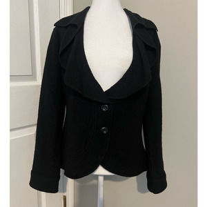 Women's ELENA SOLANO Black Ruffle‎ 2 Button Front 100% Wool Sweater Size Medium